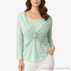 Cato Jade Green Ruched Twist Front Blouse Pearl Ring Detail Size Medium NWT
